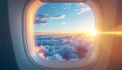 Airplane window view of a bright, golden sunrise or sunset over a sea of fluffy white clouds and a clear blue sky.