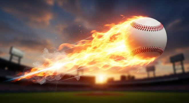 Blazing fastball soars across the stadium with stunning sunset backdrop and amazing motion