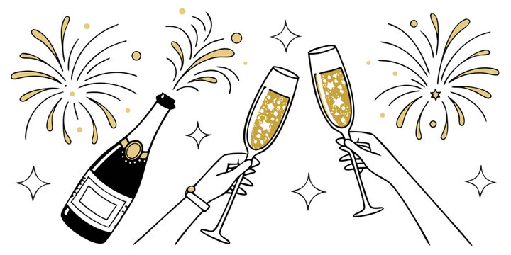 New Year's Eve Celebration on transparent Background. Champagne Toast. Holiday Party Cheers. Hands Holding Champagne Glasses on transparent Background. Festive Celebration Vector.