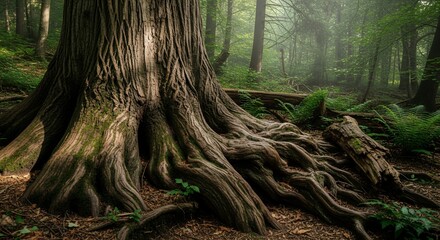 Ancient Large Tree with Twisted Roots in Dense Green Forest