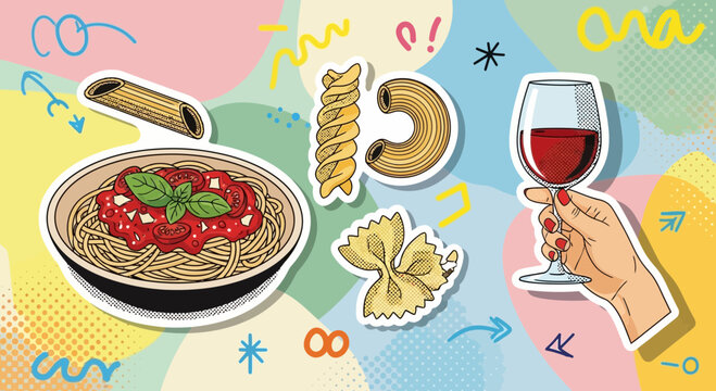 Naklejki Whimsical pasta and wine illustration with abstract design, perfect for culinary themes