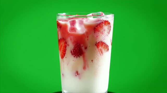 Refreshing strawberry milkshake glass on green background.