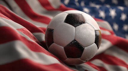 Soccer ball in front of an American flag symbolizing USA 2026 international football championship