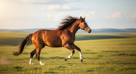 Fototapeta premium Brown Horse Running in Open Grassland on Sunny Day