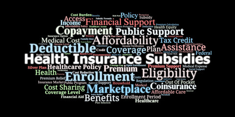 Health Insurance Subsidies Word Cloud. Key Terms On Coverage, Costs, Eligibility, And Support