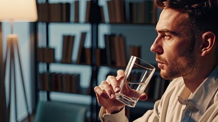 This captivating video features a person holding a glass of water, sitting in a cozy room illuminated by a warm lamp. The ambiance promotes relaxation and quiet reflection.