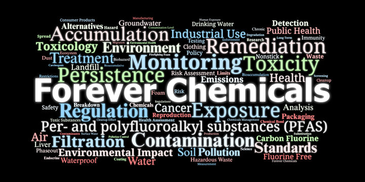 PFAS Word Cloud. Composition Of Key Terms Related To Forever Chemicals, Exposure, Toxicity, Environmental Risks, And Regulatory Efforts In Public Health And Pollution Control.
