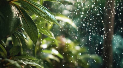 Obraz premium Close-up of Fresh Green Leaves in Rain with Glorious Sunlight Shining Through Drops of Water Creating a Vibrant and Tranquil Atmosphere