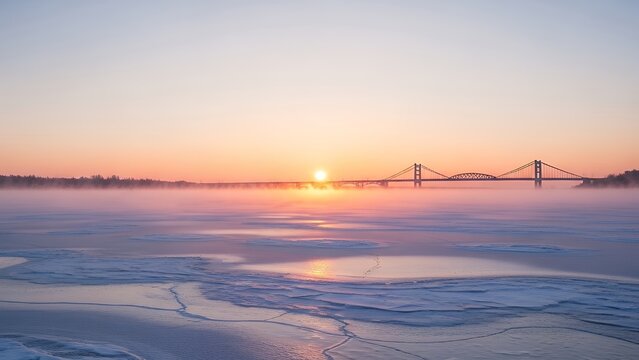 Serene Winter Landscape with Misty Frozen Lake, Suspension Bridge, and Golden Sunset