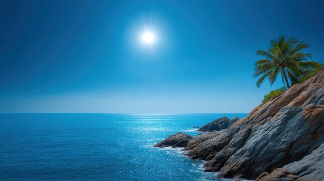 Tranquil seascape with sunlight reflecting on calm ocean waters and a palm tree on rocky coastline under a bright blue sky and serene atmosphere