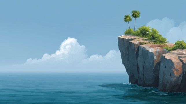 Serene coastal landscape with rocky cliffs, turquoise water, lush greenery, and bright blue sky, perfect for nature and travel themed designs