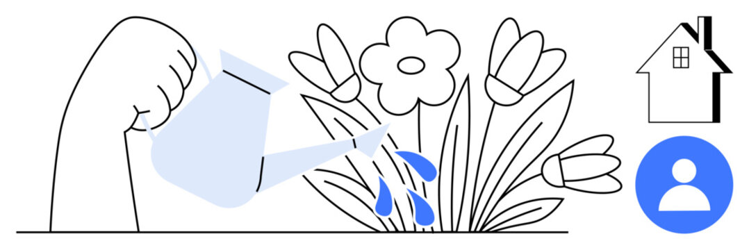 Arm holding watering can hydrating flowerbed with blooming flowers. Ideal for self-growth, gardening, creativity, sustainability, personal care, responsibility, community. Simple flat metaphor