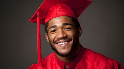 Young man beams with joy while wearing academic regalia for a portrait