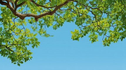 Vibrant Green Leaves Against a Clear Blue Sky with Branches Framing Nature's Beautiful Canopy in a Tranquil Outdoor Environment