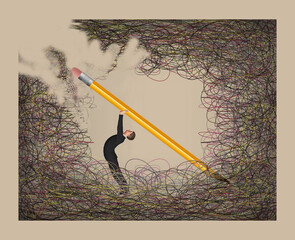 A man in the middle of a tangled mess is using a pencil earaser to find a way out of the problem in a 3-d illustration.