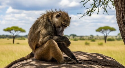 Brown Monkey Sitting on Tree Branch in African Savannah with Cloudy Sky