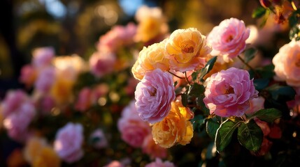 Gorgeous blooming roses in soft pastel colors capturing the essence of springtime beauty in a serene garden setting bathed in warm sunlight