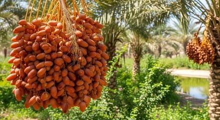 Bunch of Date Fruits Hanging from Palm Tree in Orchard