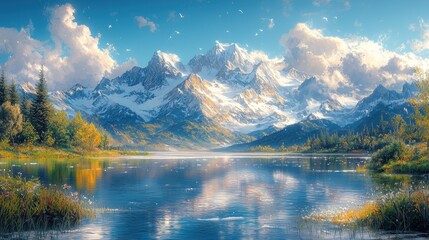Obraz premium Serene mountain lake reflecting snow-capped peaks under a vibrant autumn sky.