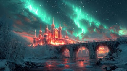 Fototapeta premium Frozen castle under aurora borealis. (1)
