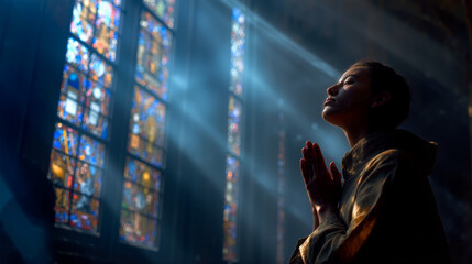 Praying in an ancient cathedral with beams of light shining through stained glass windows