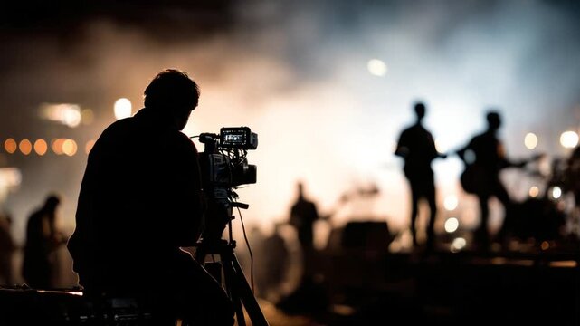 A videographer films a performance; stage lights and silhouettes of performers create a vibrant scene