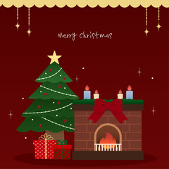 홀리데이 겨울 난로와 트리 일러스트