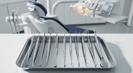 Fototapeta premium Sterilized Dental Instruments on Metal Tray in Modern Dental Clinic