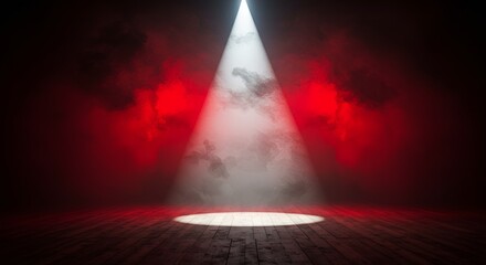 Bright spotlight beam illuminates the scene with red smoky atmosphere on wood floor