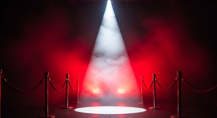 A dramatic red carpet scene illuminated by a bright spotlight with atmospheric smoke.