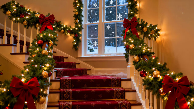 Festive staircase adorned with christmas garland lights and red bows creating a warm holiday ambiance with a snowy window view enhancing the seasonal spirit and home decor appeal