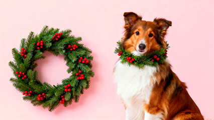 Festive sheltie dog wearing a christmas wreath collar poses next to a matching wreath against a pink background for holiday cards and seasonal pet product advertising campaigns