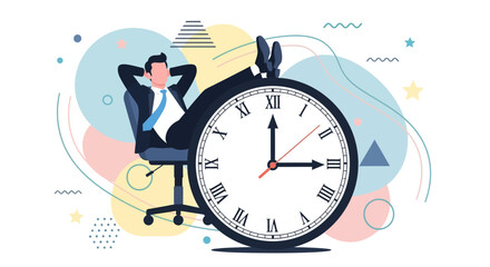Business professional relaxing in office chair with feet up on a large clock, symbolizing efficient time management and work-life balance