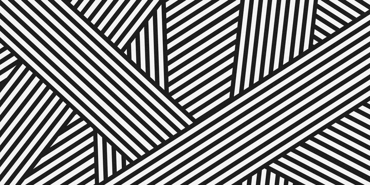Bold black and white abstract geometric background with thick diagonal lines intersecting to form sharp triangular shapes, creating a dynamic, high-contrast optical illusion pattern.