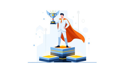 Illustration of a business man in a superhero cape holding a trophy on a pedestal, symbolizing success and achievement in the corporate world