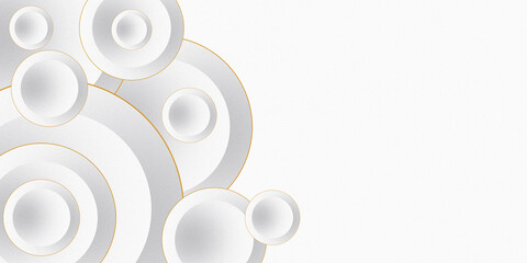 Abstract background featuring overlapping white and grey circles with elegant gold outline borders, creating a modern, luxurious, and clean 3D effect.