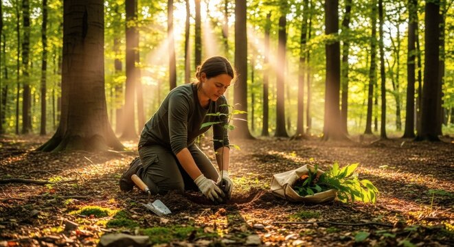 Replanting Roots A Woman Plants Saplings in a Forest with Sunlight