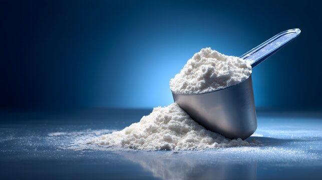 Scoop filled with white powder rests on a reflective surface against a deep blue background