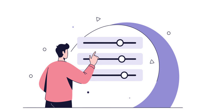 Modern illustration of a person adjusting sliders on a control panel for settings and customization