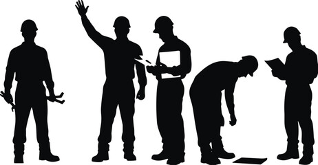 Black silhouette illustration of construction workers performing various tasks, holding tools, reading plans, and communicating on site, detailed vector design