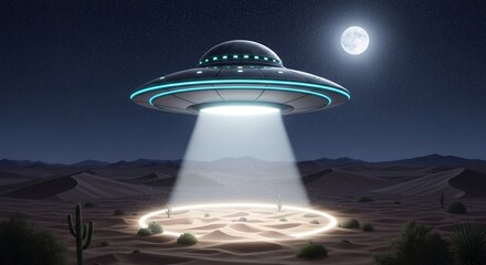 Futuristic Flying Saucer Hovering Over Desert Landscape Under Moonlit Night