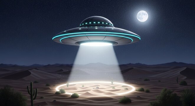 Futuristic Flying Saucer Hovering Over Desert Landscape Under Moonlit Night - Powered by Adobe