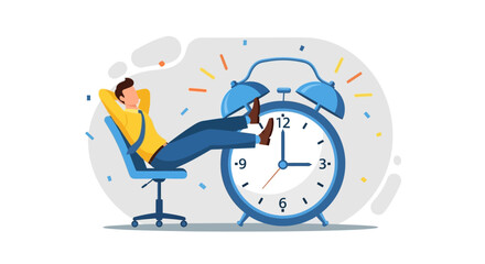 A person relaxing by a large alarm clock, symbolizing time management, relaxation, and the concept of time