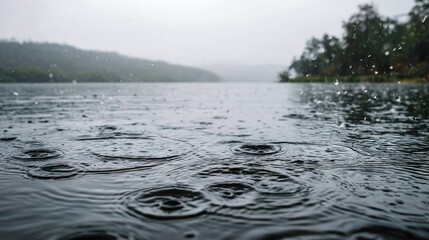Serene Rainfall Over Calm Lake Surface with Ripples Reflecting Misty Surroundings and Distant Forest in Atmospheric Mood