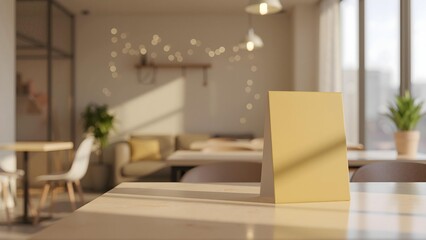 Fototapeta premium Blank Yellow Signboard on Wooden Table in Modern Cafe