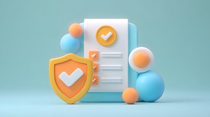 Stylized three dimensional security emblem rests beside a completed checklist on a soft pastel background