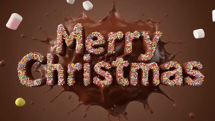 "Merry Christmas" text made of sprinkles, splashing in chocolate with floating marshmallows. - Powered by Adobe