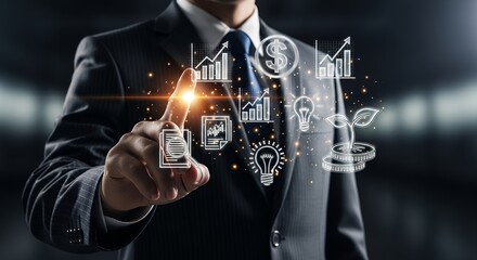 Businessman Touching Holographic Screen with Business and Financial Icons for Strategy