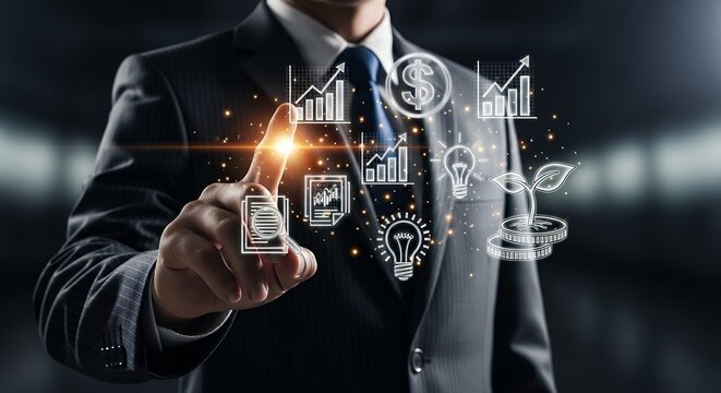 Businessman Touching Holographic Screen with Business and Financial Icons for Strategy