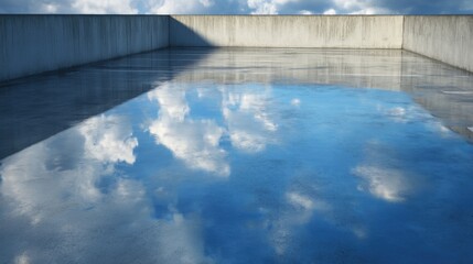 Obraz premium Expansive rooftop with a smooth reflective surface showcasing vivid blue sky and fluffy clouds creating a serene and tranquil atmosphere in urban setting